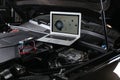 Laptop with diagram on auto engine. Car diagnostic Royalty Free Stock Photo