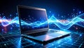 Laptop with digital data visualization, glowing lines, and abstract network connection Royalty Free Stock Photo