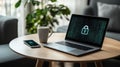 Laptop with a digital lock icon on the screen in a modern home office setting. Represents online security, data Royalty Free Stock Photo
