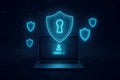Laptop with Digital Shields and Keyhole Icon Symbolizing Secure Access and Data Privacy cybersecurity Royalty Free Stock Photo