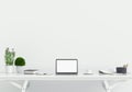 Laptop display for mockup on table in white room, 3D rendering