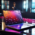 Laptop display with vibrant water droplets in modern office