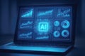 Laptop displaying AI chip and data analytics charts and graphs in blue tones artificial intelligence Royalty Free Stock Photo