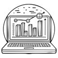 Laptop Displaying Bar Chart and Line Graph Hand Drawn Illustration in Black and White Royalty Free Stock Photo