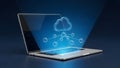 A laptop displaying a bright glowing network of nodes connecting to a cloud symbol Royalty Free Stock Photo