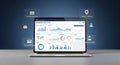 Laptop displaying business analytics dashboard with data visualizations and icons Royalty Free Stock Photo
