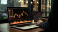 Laptop displaying business graph chart stock market, forex, gold market digital laptop screen On office table. Generative AI