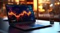 Laptop displaying business graph chart stock market, forex, gold market digital laptop screen On office table. Generative AI