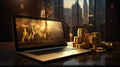 Laptop displaying business graph chart stock market, forex, gold market digital laptop screen and gold coin on. generative AI