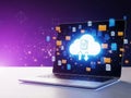 Laptop displaying cloud computing and data transfer on a futuristic background Royalty Free Stock Photo