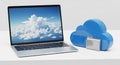 Laptop displaying cloud computing services with a blue cloud icon and file folder computer technology Royalty Free Stock Photo