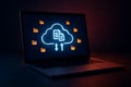 Laptop displaying cloud data transfer cloud computing Royalty Free Stock Photo