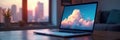 Laptop displaying cloud interface digital landscape reflected on screen cloud services software Royalty Free Stock Photo