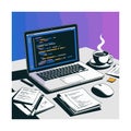 Laptop displaying code with coffee cup and papers on desk computer programming Royalty Free Stock Photo