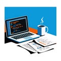 Laptop displaying code with coffee mug and papers on desk computer programming Royalty Free Stock Photo