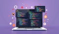 Laptop displaying code with colorful syntax and app icons, representing software development Royalty Free Stock Photo