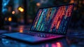 A laptop displaying code in a dark room, symbolizing data analysis and ai predictions Royalty Free Stock Photo