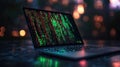 A laptop displaying code in a dark room, symbolizing data analysis and ai predictions Royalty Free Stock Photo