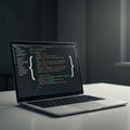 Laptop displaying code in a dimly lit setting. The screen shows a text editor with Royalty Free Stock Photo