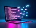 Laptop displaying code with floating programming language icons computer coding Royalty Free Stock Photo