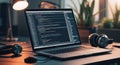 Programming laptop setup for coding and software development with headphones and desk lamp Royalty Free Stock Photo