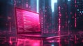 Laptop displaying code in a neon cityscape depicting cybersecurity artificial intelligence and data analysis for te Royalty Free Stock Photo
