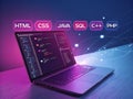 Laptop displaying code with programming language icons above Royalty Free Stock Photo