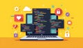 Laptop displaying code with security and social media icons on a vibrant background Royalty Free Stock Photo