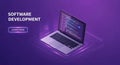 Laptop Displaying Code With Software Development Text And Learn More Button On Purple Background computer Royalty Free Stock Photo