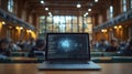 Laptop Displaying Code In A Well Lit Classroom With Students Studying Tables And Windows Background With A Network Design