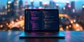 Laptop displaying coding language syntax on the screen for software development. Concept Software Royalty Free Stock Photo