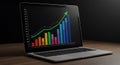Laptop displaying a colorful bar chart on a dark screen, set on a wooden surface