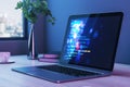 Laptop displaying colorful programming code on screen, with books, coffee, and plant on desk near window. 3D Rendering