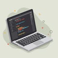A laptop displaying colorful programming code on the screen, set against a light green Royalty Free Stock Photo