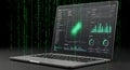 Laptop displaying complex data analytics dashboards with falling green digital code overlay Royalty Free Stock Photo