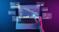 Laptop displaying complex data analytics and project management gantt chart interfaces Royalty Free Stock Photo