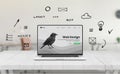Laptop displaying a conceptual web design page, surrounded by floating hand-drawn UI elements and labels like layout Royalty Free Stock Photo