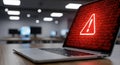 Laptop Displaying Cyber Security Warning and Binary Code in a Server Room Royalty Free Stock Photo