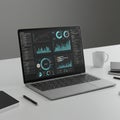 Laptop displaying data analytics dashboard with charts and graphs on a modern, Royalty Free Stock Photo