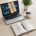 Laptop displaying data analytics graphs with a reflection of a window on the screen Royalty Free Stock Photo