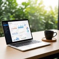 Laptop displaying data analytics on wooden desk near coffee mug Royalty Free Stock Photo