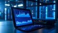Laptop displaying data charts in a modern server room, technology background. Royalty Free Stock Photo