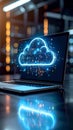 Laptop displaying a digital cloud computing graphic, data storage concept. Royalty Free Stock Photo