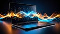Laptop displaying digital data streams, glowing lines, and abstract technology concept Royalty Free Stock Photo