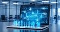 A laptop displaying a digital interface with holographic blue figures and interconn Royalty Free Stock Photo