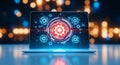 Laptop displaying digital technology interface with interconnected gears and circuit patterns innovative software development and Royalty Free Stock Photo