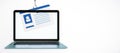 Laptop displaying a document being pulled by a hook. 3D Rendering