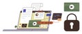 Digital content management tools with security lock, multimedia, and coding elements on a laptop Royalty Free Stock Photo