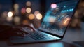 The laptop displaying dynamic data analytics in a modern workspace environment. AI generated image Royalty Free Stock Photo