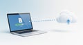 Laptop displaying a file upload interface connected by a dotted line to a cloud icon. Royalty Free Stock Photo